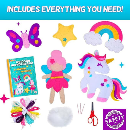 CRAFTSBEE Beginner Sewing Kit for Girls Ages 7+ - 5 DIY Unicorn Felt Stuffed Animals and Plus Pillow Craft, Educational Learn to Sew Unicorn Kit