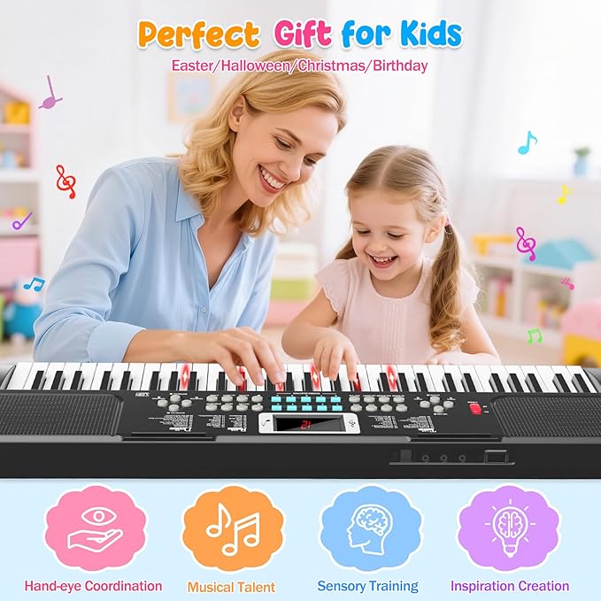 Piano Keyboard, 61 Key Upgrade Kids Pianos Music Toy with Light-up Keys & Pro Teaching Modes, Dual Speaker, 70 Demos,100 Tones, 100 Rhythms Perfect Christmas/Birthday Gift for Kids (Black)
