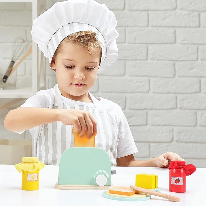 WHOHOLL Wooden Kitchen Toys, Pop-Up Toaster for Kids Play Kitchen, Bread Maker Toy Kitchen Appliances, Play Kitchen Accessories for Toddlers Early Learning, Pretend Play Food Sets for Girls and Boys