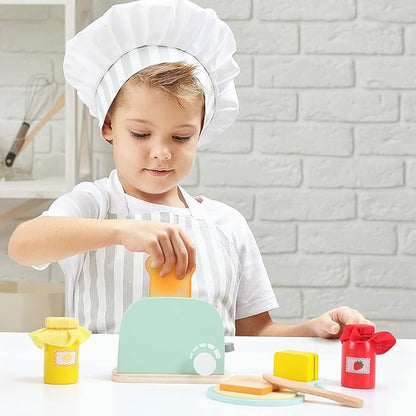WHOHOLL Wooden Kitchen Toys, Pop-Up Toaster for Kids Play Kitchen, Bread Maker Toy Kitchen Appliances, Play Kitchen Accessories for Toddlers Early Learning, Pretend Play Food Sets for Girls and Boys