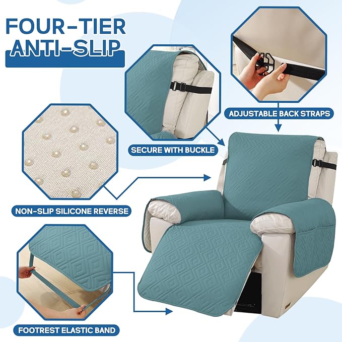 XINEAGE 100% Waterproof Recliner Cover, Non Slip Recliner Chair Cover with Elastic Band, Washable Recliner Slipcover with Storage Pockets for Kids, Pets (Light Blue, 23")