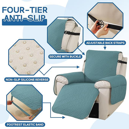 XINEAGE 100% Waterproof Recliner Cover, Non Slip Recliner Chair Cover with Elastic Band, Washable Recliner Slipcover with Storage Pockets for Kids, Pets (Light Blue, 23")