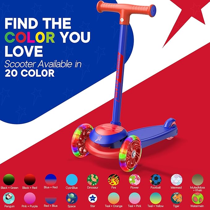 3 Wheel Scooter for Kids, Smooth Light Up LED Front Wheels, Wide Anti Slip Deck, Rear Foot Brake, Easy Lean to Steer Maneuvering, Indoor & Outdoor Ride On Toys for Ages 2 Up,