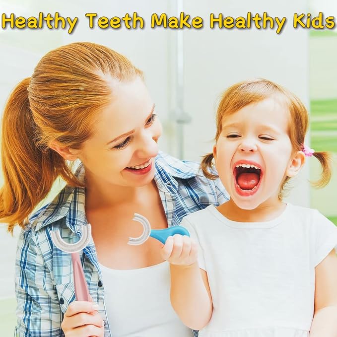YOTEE U-Shaped Toothbrush Kids 2 PCS - Toddler Toothbrush with Food Grade Soft Silicone Brush Head, Manual Whole Mouth Toothbrush for Kids Age 2-6(Blue+Pink), 360° Oral Teeth Cleaning Design