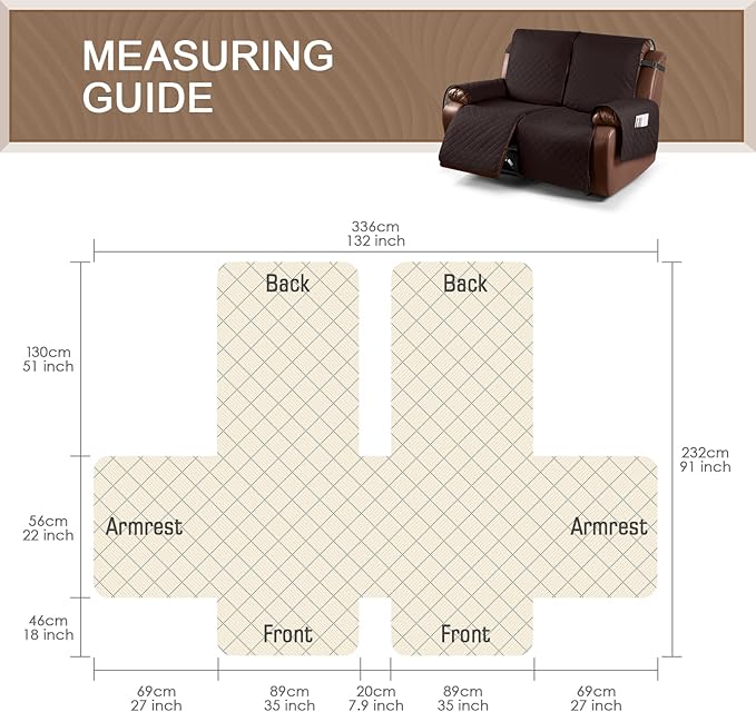 KinCam Waterproof Oversized Loveseat Recliner Cover, Non-Slip Reclining Couch Covers for 2 Seat, Recliner Sofa Cover Furniture Protector with Elastic Straps for Kids, Pets, Chocolate