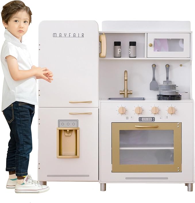 Teamson Kids - Children Play Kitchen Sets, Toddler Girls Pretend Kitchen Set Ages 2-6, Kitchen Toys for Kids Ages 4-8, Little Chef Mayfair Classic Kids Kitchen Playset with 11 Accessories - White/Gold