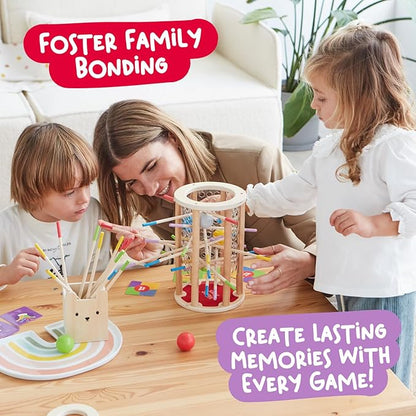 Nene Toys Ballfall, Montessori Toy from 3 Years - Educational Board Game with Colourful Sticks, Dice & Cards - Wooden Toy for Boys and Girls 3-9 Years - Children's Game from 3 Years