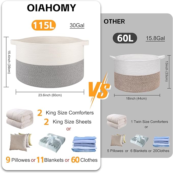 OIAHOMY 115L Extra Large Blanket Basket, 23.6" x 15.4" Woven Cotton Rope Laundry Basket for Organizing Pillows, Decorative Stuffed Animal Toy Storage Bin for Nursery, White and Light Grey