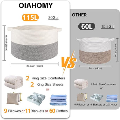 OIAHOMY 115L Extra Large Blanket Basket, 23.6" x 15.4" Woven Cotton Rope Laundry Basket for Organizing Pillows, Decorative Stuffed Animal Toy Storage Bin for Nursery, White and Light Grey