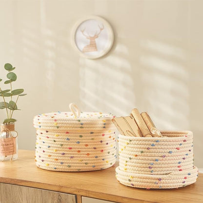 Esme L&H Round Storage Baskets with Lids,Small Storage Baskets Set of 2,Cotton Rope Woven Storage Basket,Small Decorative Basket, Colorful Rainbow Pompom, Cute Storage Bins, Box for storage