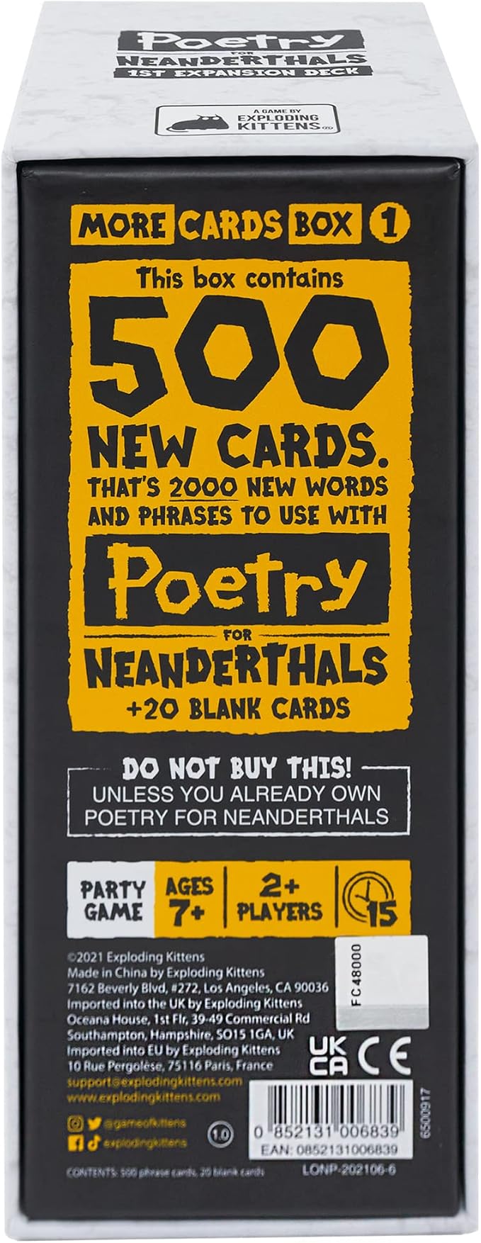 Exploding Kittens Poetry for Neanderthals Expansion Pack 2+ Players - Ages 7+ - 15 Minutes to Play - Original Game Required, 500 Cards - Party Game, Family Game Night, Kid and Adult Card Game
