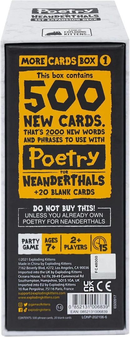 Exploding Kittens Poetry for Neanderthals Expansion Pack 2+ Players - Ages 7+ - 15 Minutes to Play - Original Game Required, 500 Cards - Party Game, Family Game Night, Kid and Adult Card Game