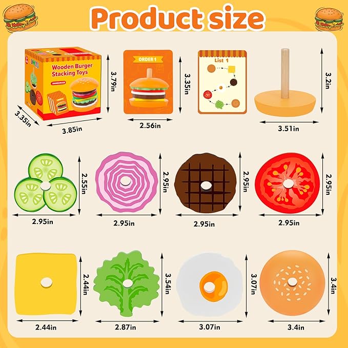 Jumlys Montessori Toys for 2, 3, 4, 5, Year Old, Wooden Burger Stacking Toys, Fine Motor Toys for Kids Boys Girls, Ideal Preschool Educational and Learning Toys, Perfect Christmas Birthday Gifts