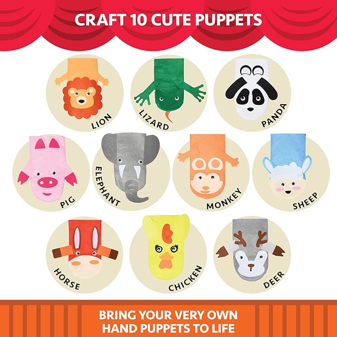 Hand Puppet Kit - Make Your Own Animal Puppets - 10 Felt Puppets - Simple Step By Step Instructions - Art Craft, Role Play, Storytelling - Puppets for kids, Children's Art & Craft Birthday Gifts Ideas