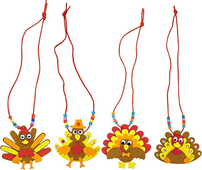4E's Novelty Thanksgiving Necklace Crafts for Kids Bulk – 12 Pack DIY Turkey Necklace Craft for Kids with 4 Styles, Thanksgiving Favors for Kids, Thanksgiving Toddler Craft, & Turkey Craft Kit