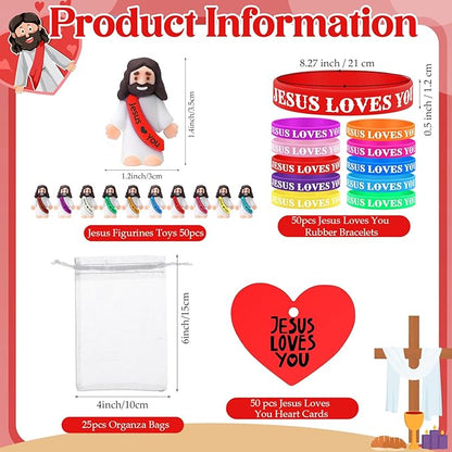 Bememo 150 Pcs Jesus Toys 50 Jesus Loves You Rubber Bracelets 50 Mini Jesus Figures 50 Organza Bag and Card Jesus Wristbands Bracelets for Sunday School Church Hide Game Religious Gift