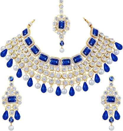 Aheli Kundan and Simulated Colored Stones Indian Ethnic Maang Tikka Necklace and Earrings Set Bollywood Festive Statement Jewelry Gift for Women