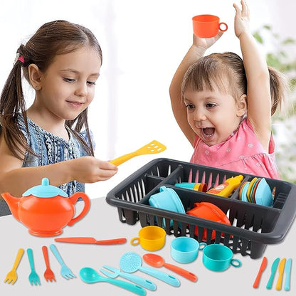 deAO 41PCS Kids Play Dishes Durable Pretend Play Kitchen Set for Kids Children Tableware Dishes Playset with Drainer - Play Kitchen Accessories for Girls Boys Kids