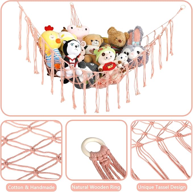 Boho Stuffed Animals Net or Hammock Large,55 inch Toy Hammock Macrame Stuff Animal Storage Corner Hanging Net Holder,Mesh Hammock Plush Toy Organizer with Hooks for Bedroom,Nursery (Deep Pink)