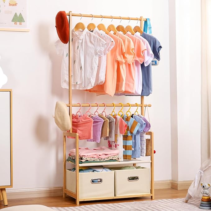 Kids Clothing Rack Bamboo with 2 Storage Baskets and 2 Adjustable Hanging Rods,Child Garment Holder with Shelf, Dress up Racks for Playroom,Toddlers Bedroom (Natural)