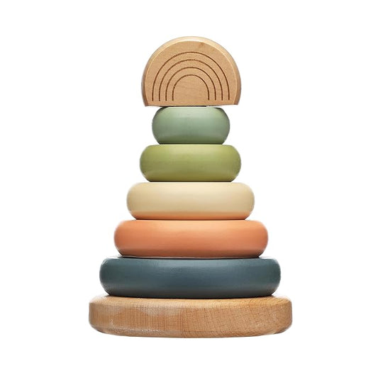 Pearhead Wooden Stacking Rainbow Toy, Baby and Toddler Ages 12+ Months Montessori Toy, Interactive Stackable Rings Learning Toy, Baby Girl or Baby Boy Nursery Accessory
