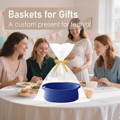 JMvicyroam Woven Basket,Small Rope Storage Bin with Handles & Ribbon Bag, Organizer for Shelves Closets,Gift Basket Empty for Birthday,Books,Dog Toys, Navy Blue/2 Pack