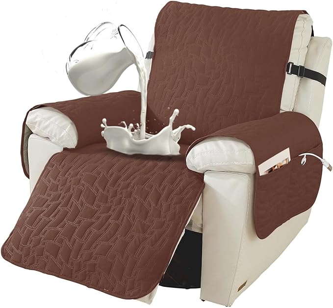XINEAGE 100% Waterproof Recliner Chair Covers with Elastic Straps, Nonslip Reclining Couch Covers Washable Recliner Couch Cover with Pockets Furniture Protector for Pets Dogs (Coffee, 23")