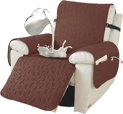 XINEAGE 100% Waterproof Recliner Chair Covers with Elastic Straps, Nonslip Reclining Couch Covers Washable Recliner Couch Cover with Pockets Furniture Protector for Pets Dogs (Coffee, 23")