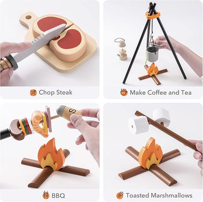 Kids Camping Set 45Pcs with Children’s Shinning Flashlight&Carrying Bag - Outdoor Campfire Toys Set for Toddlers- Cutting Food for Play Kitchen Gear Tools Indoor Outside Boys Girls Birthday Xmas Gifts