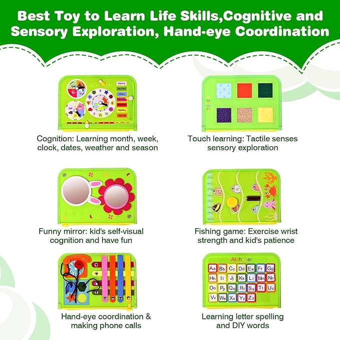 JHkim Busy Board Montessori Toys for Toddlers 1-3, Birthday Gifts for 1 2 3 4 Year Old Boy Girl, Autism Sensory Travel Toy, Educational Activity Busy Book Board, Learning Fine Motor Skills Toys, Green