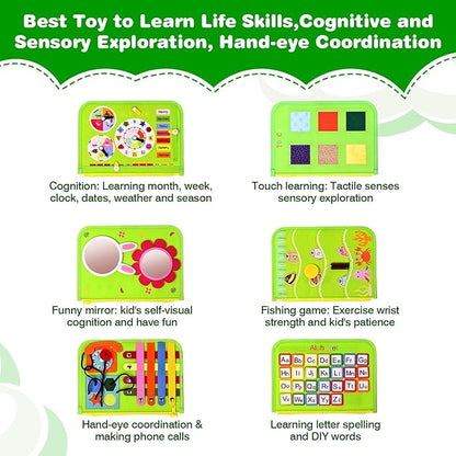 JHkim Busy Board Montessori Toys for Toddlers 1-3, Birthday Gifts for 1 2 3 4 Year Old Boy Girl, Autism Sensory Travel Toy, Educational Activity Busy Book Board, Learning Fine Motor Skills Toys, Green