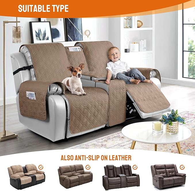 VANSOFY Loveseat Recliner Cover with Console 100% Waterproof Sofa Slipcovers Non-Slip Reclining Couch Cover Split Sofa Covers Furniture Protector for Pets, Dogs(Light Brown)