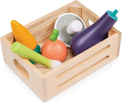 Mentari Toys - Allotment Crate - 6pc Wooden Crate with Vegetable Food Items - Market Pretend Play Toy Food - Play Kitchen Accessories - Imaginative Play Set for Toddlers and Kids - Age 3+