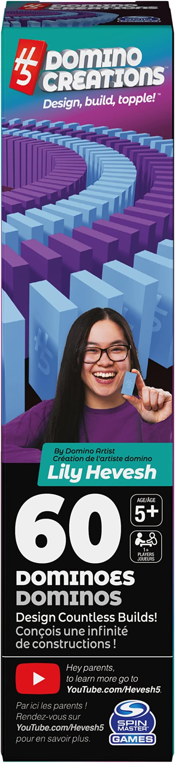 Spin Master Games H5 Domino Creations, 60-Piece Blue/Purple Set by Domino Artist Youtuber Lily Hevesh Classic Family Game, for Adults and Kids Ages 5 and up