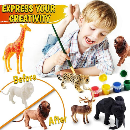 FUNZBO Safari Animals Figures Paint Set for Kids, Arts and Crafts Supplies Painting Kit for Kids Ages 4-8, Zoo Jungle Animals Figurines Toy & Playsets for Toddlers 1-3 Boys Girls Easter Birthday Gift