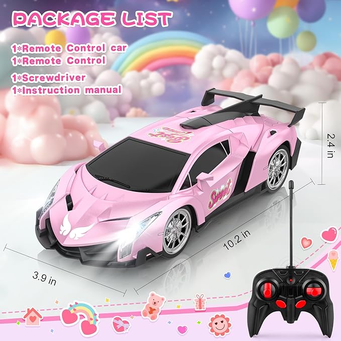 Growsland Remote Control Car for Girls, 1:18 Pink RC Cars Toys for Kids Girl Electric Vehicle Toy Car Hobby Racing Car with Lights & Controller, Birthday Gifts for Girl Boys Age 3 4 5 6 7 8 9 Year Old