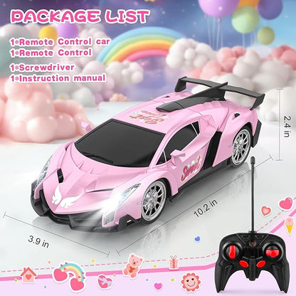 Growsland Remote Control Car for Girls, 1:18 Pink RC Cars Toys for Kids Girl Electric Vehicle Toy Car Hobby Racing Car with Lights & Controller, Birthday Gifts for Girl Boys Age 3 4 5 6 7 8 9 Year Old
