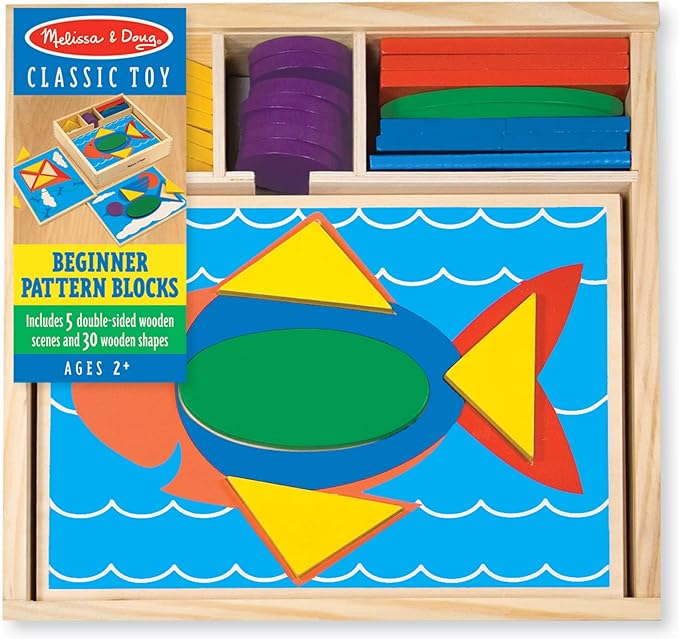 Melissa & Doug Beginner Wooden Pattern Blocks Educational Toy, 5 Double-Sided Scenes and 30 Shapes, 10.65” H x 10.65” W x 2.3” L (Beginning Skills and Activities)