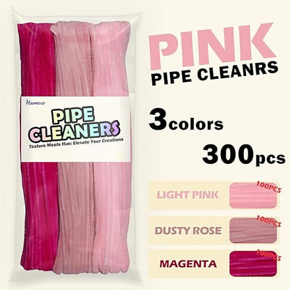 Pink Color Trio Pipe Cleaner Set - 300pcs, Thick Fluffy Chenille Stems for Arts & Crafts, Perfect for Making Animals, Flowers, and Festive Decorations(12 inches x 0.24 inches)