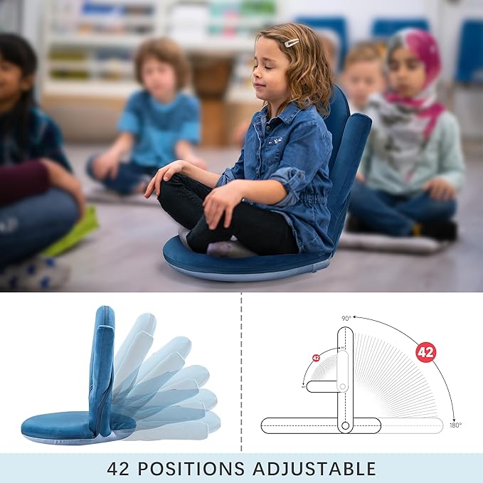 Nnewvante Floor Folding Chair Armrest, 42 Position Back Support Adjustable Floor Seat Washable Stackable Cushion for Class Meditation Playing Adults Kids,Ctystal Velvet Navy Blue