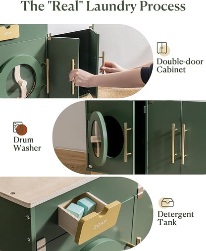 ROBOTIME Play Kitchen Set- Wooden Toy Washing Machine, Kids Washer and Dryer for Kids Kitchen Playset with Realist Sound/Iron, Pretend Play Kitchen for Toddlers (Vintage Green)