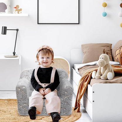 ALIMORDEN Kids Ultra-Soft Snuggle Foam Filled Chair, Glow-in-The-Dark Dinosaurs Fossil Pattern Toddler Cuddly Sherpa Reading Couch for Boys and Girls