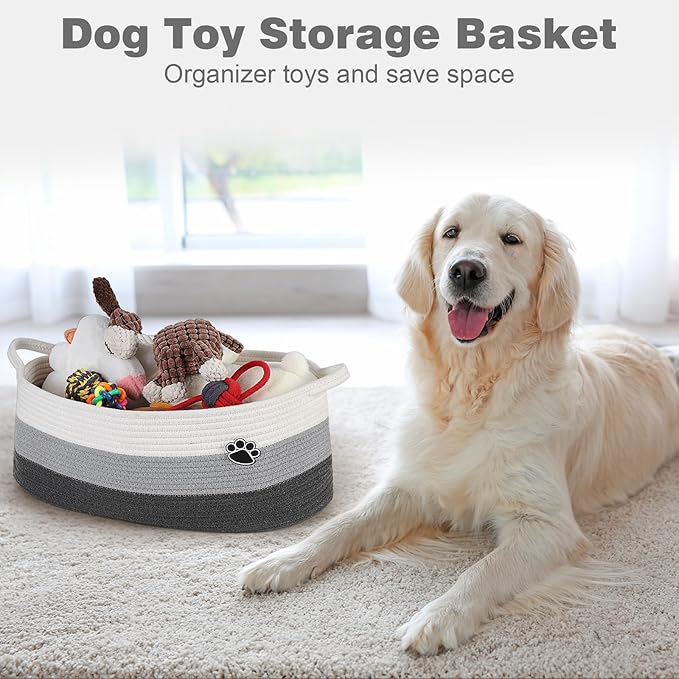 Optish Dog Toy Basket, Toy Box and Bin for Dog Cat Storage, 19.7" X 11" X 7.9" (30L) Large Woven Basket for Blanket Storage, Rope Baskets for Living Room, Bedroom, White & Grey