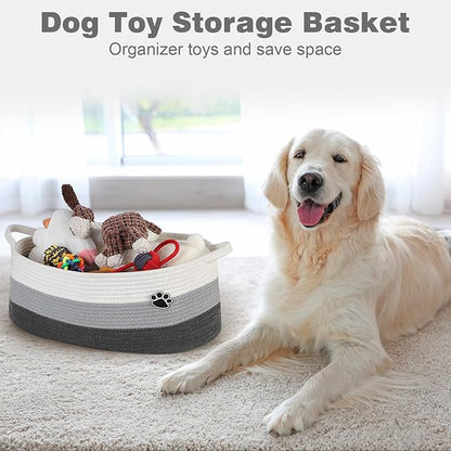 Optish Dog Toy Basket, Toy Box and Bin for Dog Cat Storage, 19.7" X 11" X 7.9" (30L) Large Woven Basket for Blanket Storage, Rope Baskets for Living Room, Bedroom, White & Grey