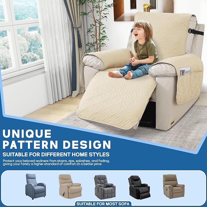 XINEAGE 100% Waterproof Recliner Cover, Non Slip Recliner Chair Cover with Elastic Band, Washable Recliner Slipcover with Storage Pockets for Kids, Pets (Beige, 23")