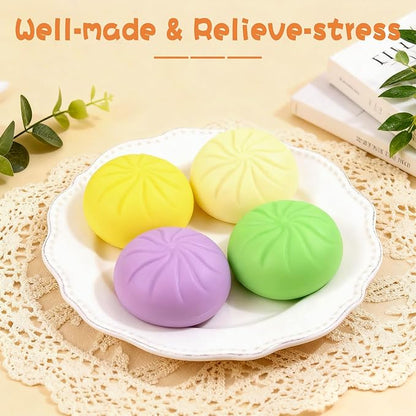 4PCS Dumpling Squishy, Colorful Dumpling Stress Balls Fidget Toys Adults, Squeeze Dough Ball Stress Relief Hand Toys, with Food Steamer Stretchy, for Classroom Prizes, Easter Basket Stuffers