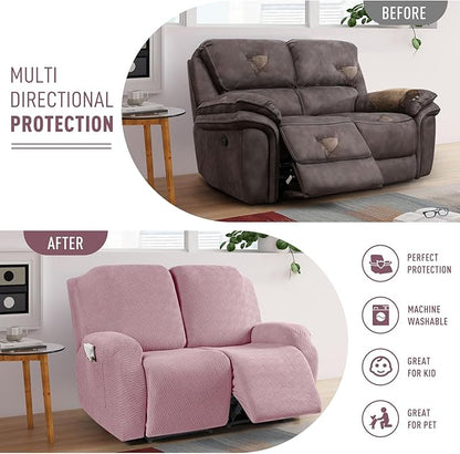 KinCam Recliner Covers, Stretch Reclining Chair Covers, Recliner Sofa Slipcovers Stripe Jacquard Recliner Couch Covers Furniture Protector Covers for Pet Kid (2 Seater, Pink)