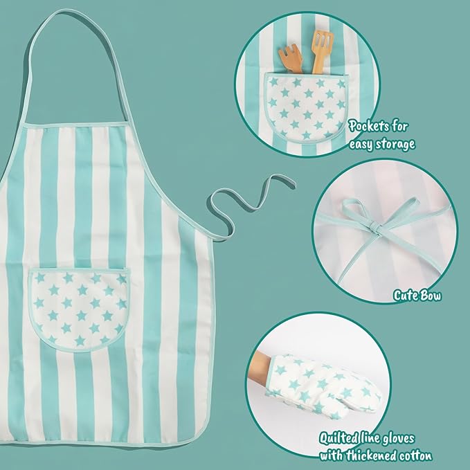 Kid Apron and Chef Hat Set, 3 Pcs Children Cooking Baking Set Kits Role Play Chef Toy Kid Cooking Gift for Girls Boys (Blue)