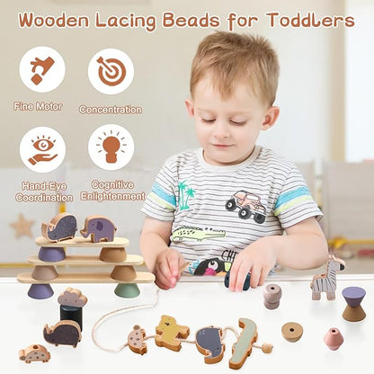 Wooden Animals Threading Toys Lacing Beads for Toddlers 2 3 4 5 Years Old, Stacking Blocks Balance Toy, Educational Preschool Learning Toy, Montessori Activities for Boys & Girls