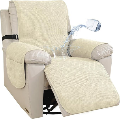 Easehomey Waterproof Large Recliner Chair Cover, Non-Slip Recliner Cover with Two Pockets Elastic Band Slip Covers for Recliners with Arms Washable Reclining Chair Cover for Kids,Pets (Beige, 28")